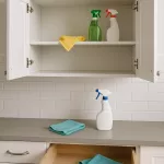 Djupstädning av köksskåp och lådor – öppna skåp med rengöringsmedel och trasor