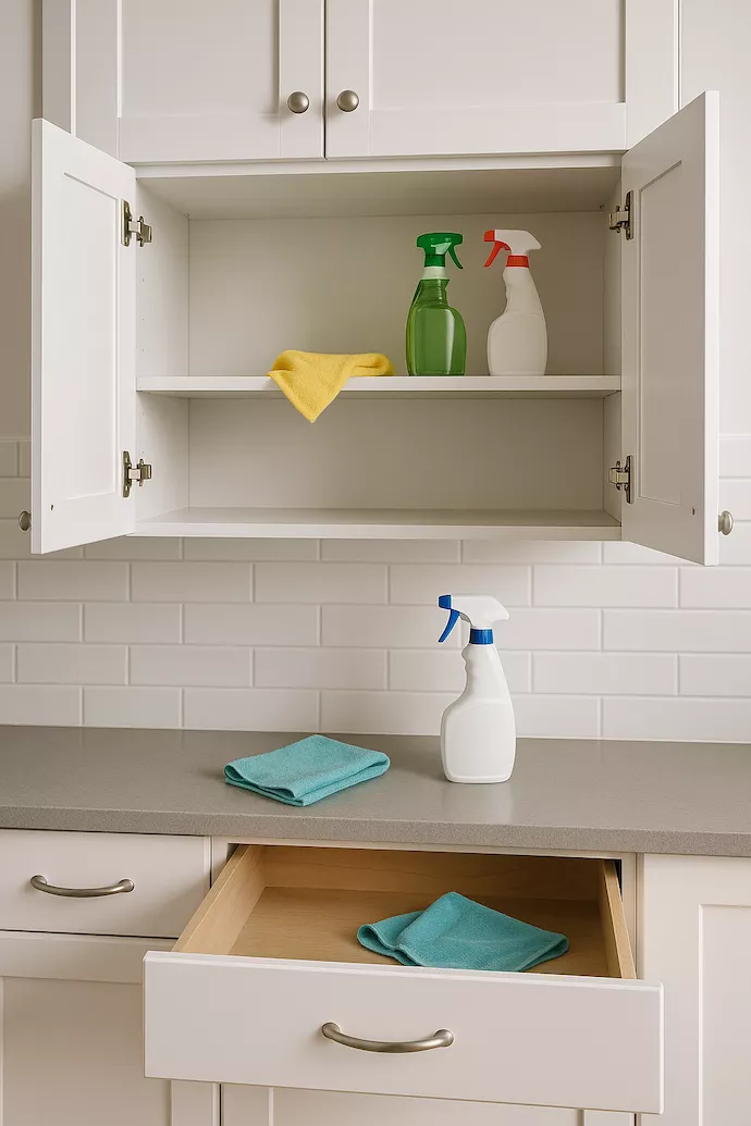 Djupstädning av köksskåp och lådor – öppna skåp med rengöringsmedel och trasor